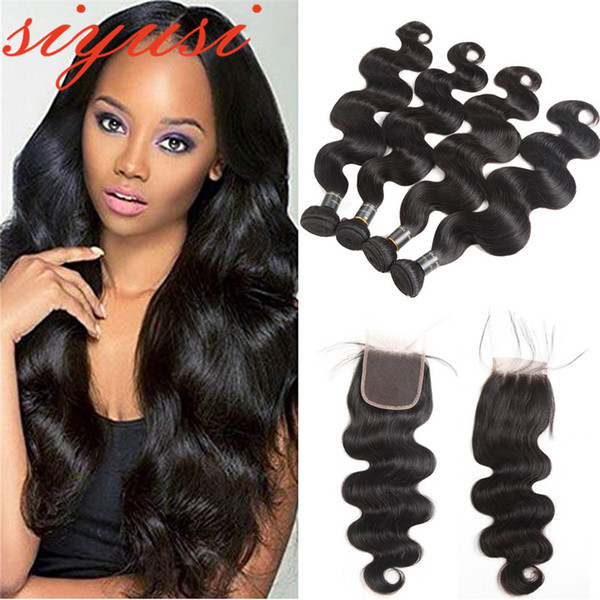 Brazilian Body Wave Human Hair 3/4 Bundles With 4x4 Top Lace Closure Natural Black Brazilian Hair Weave Bundles With Closure