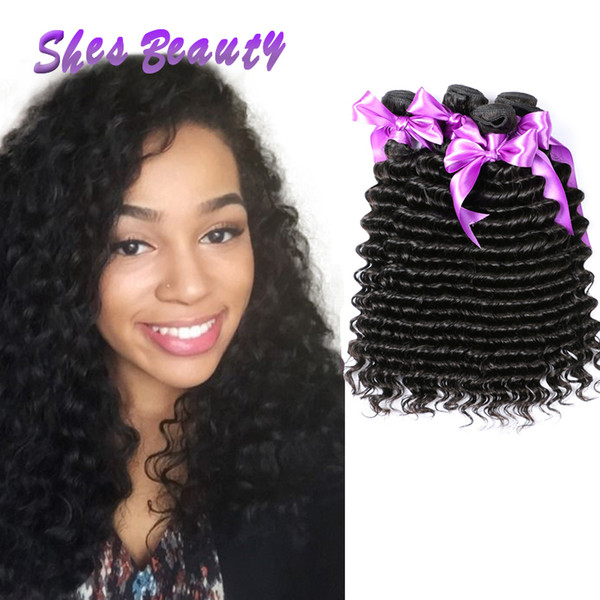 Shesbeauty 8A Malaysian Deep Wave Human Hair Bundles 100% Unprocessed Malaysian Human Hair Extensions Deep Wave 4 Bundles Natural Color