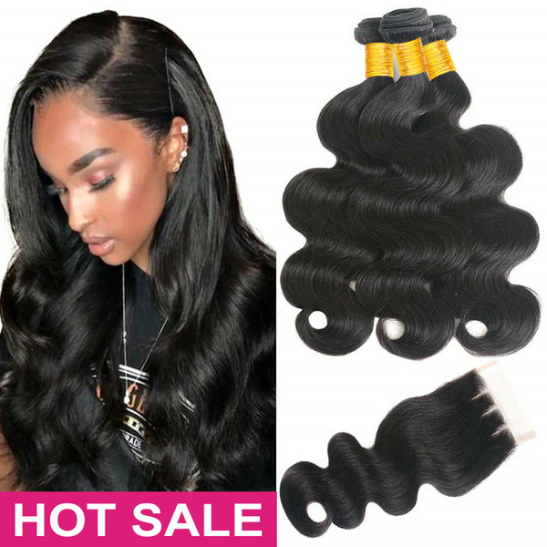 Musi 10A Brazilian Human Hair Bundles with Closure Body Wave Peruvian Malaysian Indian Human Hair Extension Natural Color Double Weft 100g