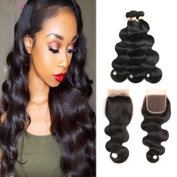 Brazilian Body Wave Human Hair Bundles With Lace Closure Free Middle Three Part Natural Black 3 Bundles Hair Weaves Remy Hair