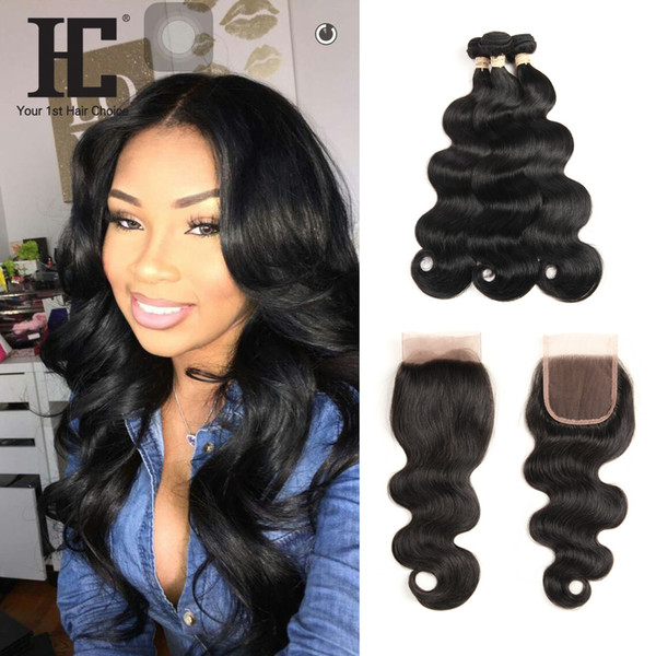 Brazilian Body Wave Human Hair Weave 3 Bundles With Closure Non Remy Natural Black Free Middle Three Part Lace Closure