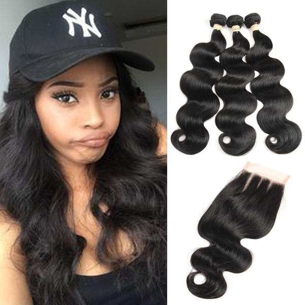 Peruvian Body Wave 3 Bundles With Closure 100% Human Hair Bundles Lace Closure With Baby Hair Non Remy Hair Weave