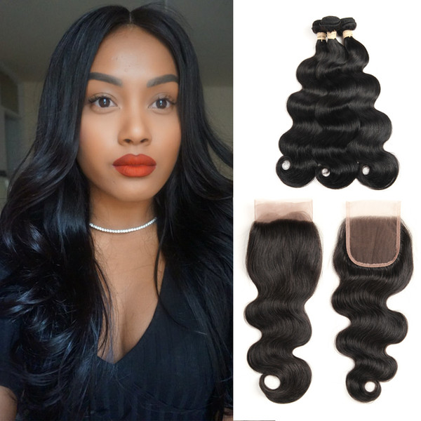 Brazilian Body Wave Human Hair Bundles With Closure Total 4Pcs/Lot 3 Bundles Hair Weft And 1 Piece Lace Closure