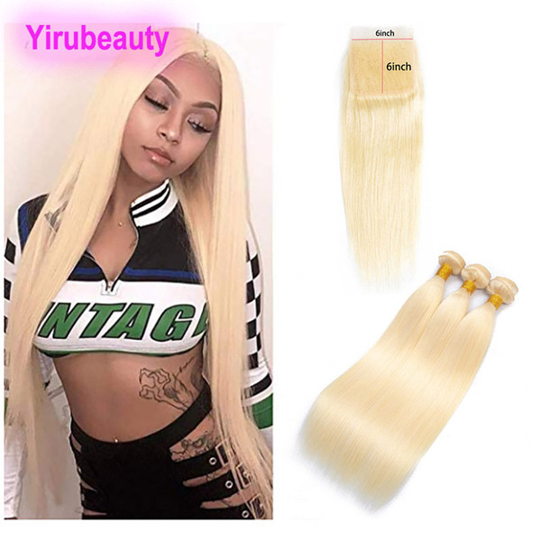 Indian Virgin Raw Hair Straight Bundles With 6X6 Lace Closure 613# Blonde Hair Extensions 10-30inch Bundles With Six By Six Closure