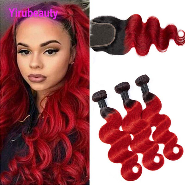 Peruvian Human Hair 4 Pieces/lot 1B/Red Body Wave Bundles With 4X4 Lace Closure With Baby Hair Middle Three Free Part Body Wave 1B Red