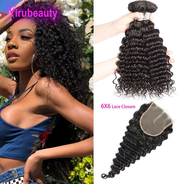 Peruvian Human Hair Wefts With Closure 6X6 With 3 Bundles Deep Wave Lace Closure With 6*6 Closure Natural Color Deep Curly