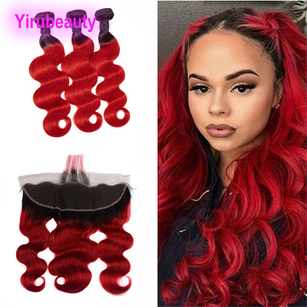 Peruvian Human Hair 3 Bundles With 13X4 Lace Frontal Body Wave 1B/Red Virgin Hair Extensions 1B Red Ombre Hair Wefts With Frontal