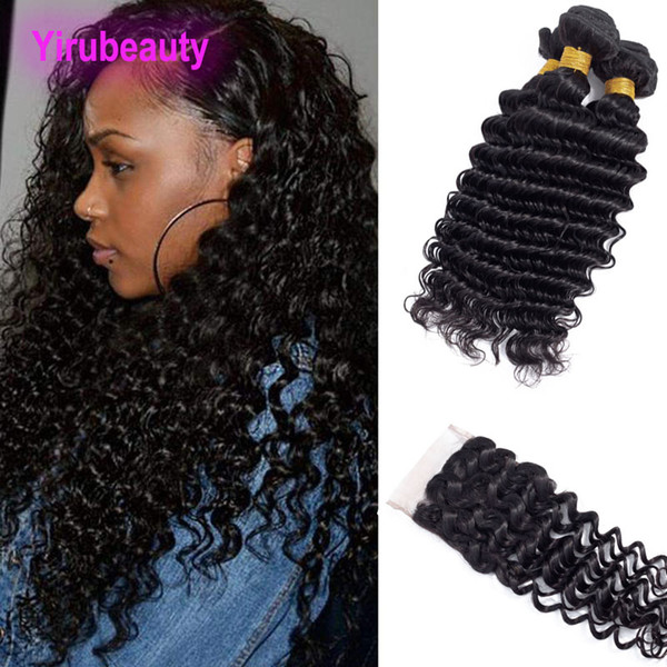 Peruvian Virgin Hair Deep Curly Wave Hair Extensions Bundles With 4X4 Lace Closure Deep Wave Natural Color 4PCS