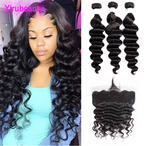 Brazilian Virgin Human Hair Loose Deep Wave 3 Bundles With 13X4 Lace Frontal With Baby Hair Loose Deep Natural Color 4 Pieces