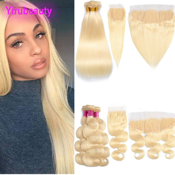 Brazilian Virgin Hair 613 Color Straight 3 Bundles With 4X4 Lace Closure Body Wave Bundles With 13X4 Lace Frontal Peruvian Human Hair Blonde