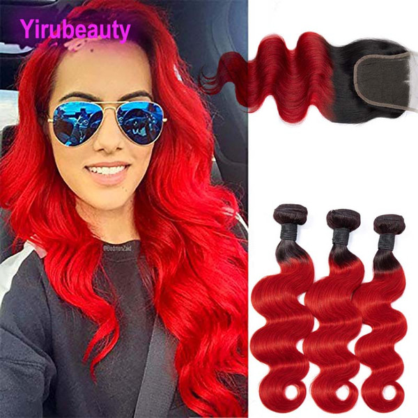 Brazilian Virgin Hair Extensions 3 Bundles With 4X4 Lace Closure 1B/red Body Wave Bundles With Lace Closure With Baby Hair 12-26inch