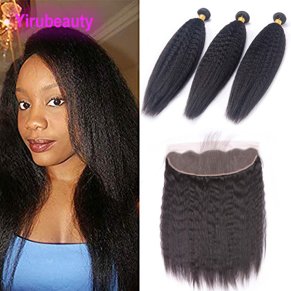 Peruvian Human Hair Extensions 3 Bundles With 13X4 Lace Frontal Kinky Straight Virgin Hair 4 Pieces/lot Yaki Hair Kinky Straight