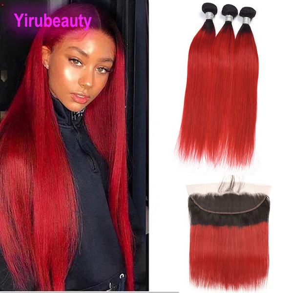 Peruvian Human Hair 3 Bundles With 13X4 Lace Frontal With Baby Hair 1B/Red Straight Bundles With 13*4 Frontal Straight Wholesale