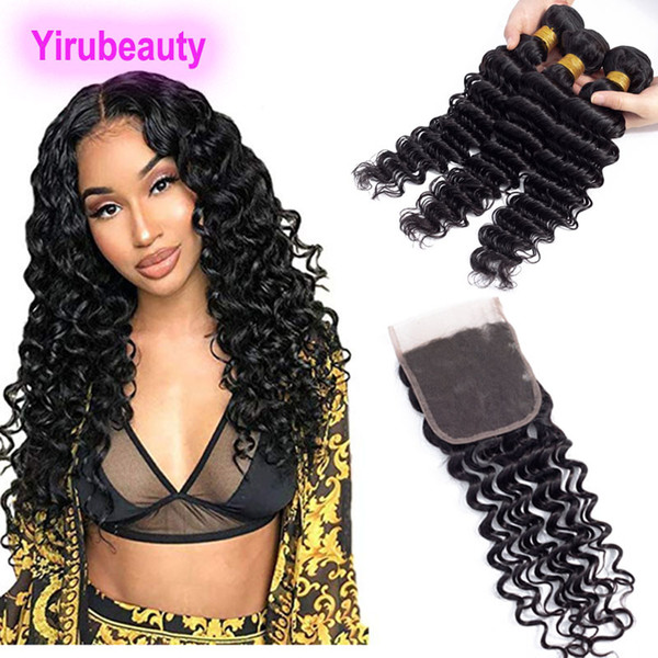 Brazilian Virgin Hair 100% Human Hair Deep Wave 3 Bundles With 4X4 Lace Closure Middle Three Free Part Deep Curly 4PCS