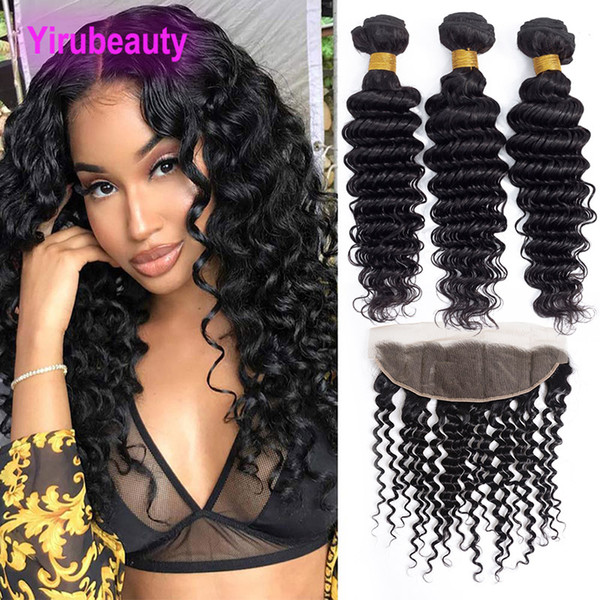 Brazilian Human Hair Extensions Deep Wave 3 Bundles With 13X4 Lace Frontal Free Part Deep Curly Virgin Hair Wefts With 13 By 4 Frontal