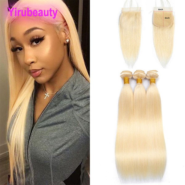 Malaysian Virgin Hair Bundles With Six By Six Lace Closure Straight Blonde 613# Human Hair Extensions With 6X6 Lace Closures