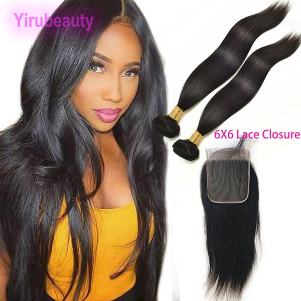 Indian Raw Virgin Human Hair 9A Natural Color Silky Straight Hair Bundles With 6X6 Lace Closure Middle Three Free Part 8-28inch Straight