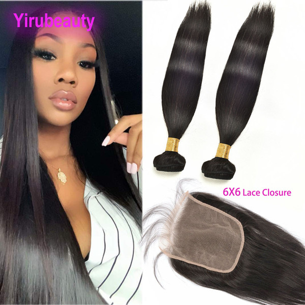 Brazilian 2 Bundles With 6X6 Lace Closure Straight Virgin Hair Extensions Wefts With Lace Closure Baby Hair Dyeable Natural Color 8-28inch