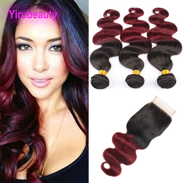 Indian Virgin Hair Two Tone 1B/99J Body Wave 4 Pieces/lot Bundles With 4X4 Lace Closure Middle Three Free Part Body Wave