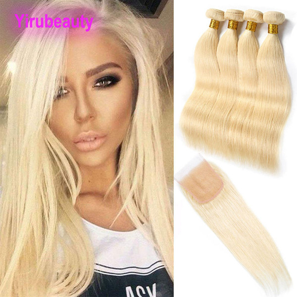 Indian Virgin Hair Remy 4 Bundles With 4X4 Lace Closure 613# Blonde Straight Human Hair Extensions Wefts With Closure 613# Blonde