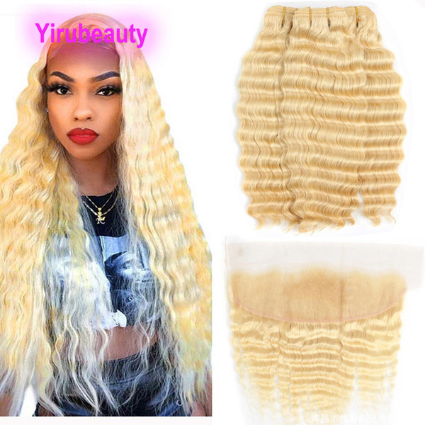 Indian Raw Virgin Hair 3 Bundles With 13X4 Lace Frontal Blonde Deep Wave Curly 613 Color New Products With Baby Hair Ear To Ear Lace Frontal