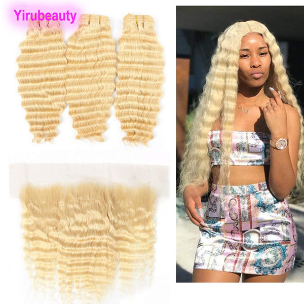 Malaysian Human Hair Three Bundles With 13X4 Lace Frontal Deep Wave 613# Ear To Ear Lace Frontal With Hair Extensions Blonde 4PCS