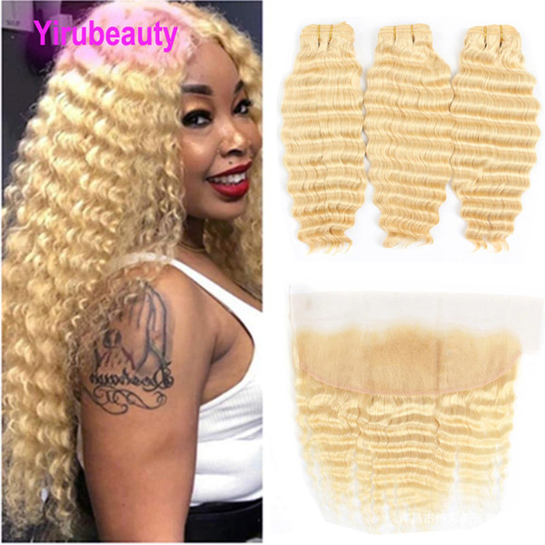 Brazilian Virgin Hair 3 Bundles With 13X4 Lace Frontal Blonde Deep Wave Curly 613# Color Pre Plucked Frontal With Hair Extensions