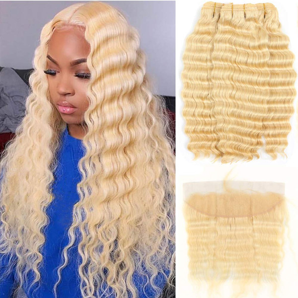 Peruvian Human Hair Three Bundles With 13X4 Lace Frontal Blonde Deep Wave 613# Wholesale Ear To Ear Lace Frontal With Bundles 10-28inch