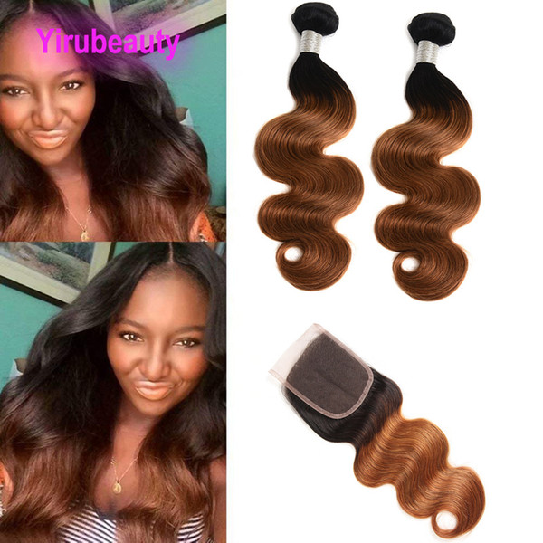 Malaysian Human Hair 2 Bundles With 4X4 Lace Closure Body Wave 1B/30 Ombre Virgin Hair Wefts With Four By Four Closure 1b 30