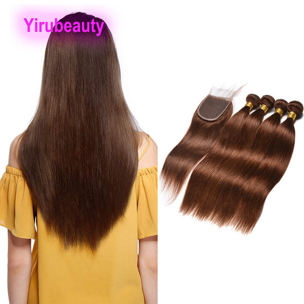 Brazilian Virgin Hair 3 Bundles With 4X4 Lace Closure Straight 4# Color Hair Extensions With 4 By 4 Closures Free Three Middle Part Straight