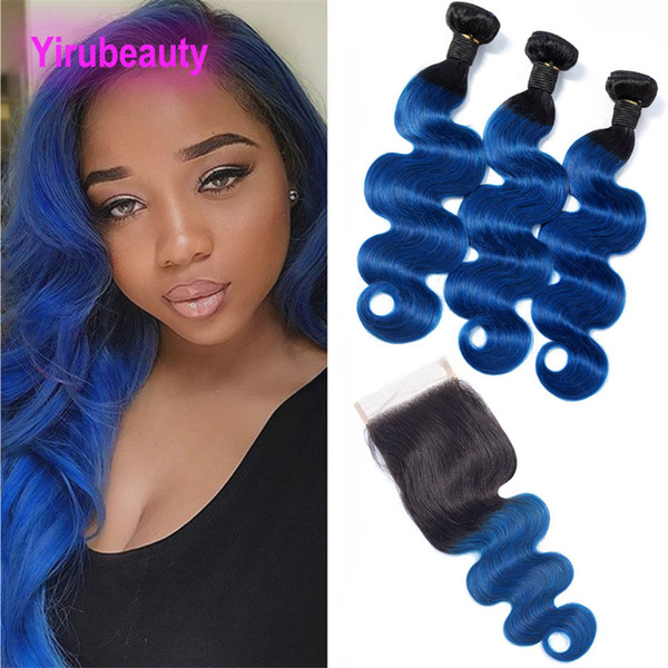 Peruvian Human Hair 1B Blue Body Wave 3 Bundles With 4X4 Lace Closure Free Middle Three Part 1b Blue Body Wave 10-28inch