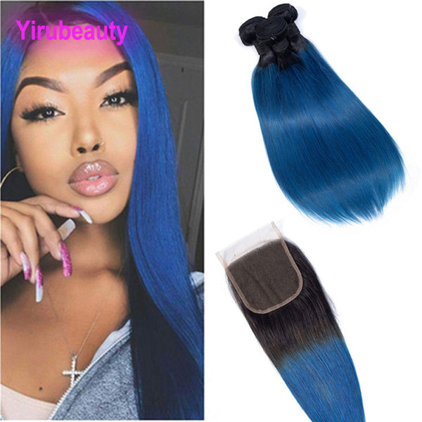 Malaysian Virgin Hair Bundles With 4X4 Lace Closure 1B/Blue Straight Human Hair Extensions 1b Blure Ombre Hair Wefts With Closure 4 Pcs