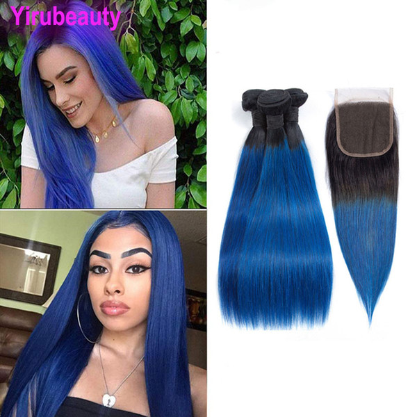 Brazilian Virgin Hair Bundles With Closures Straight 1B Blue 3 Bundles With 4X4 Lace Closure Two Tones Color 1b/blue 4PCS