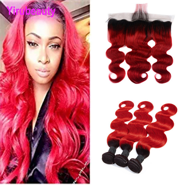 Malaysian Body Wave 1B/Red Ombre Human Hair Extensions With 13X4 Lace Frontal With Baby Hair Wefts With Closure 4 Pieces/lot Body Wave