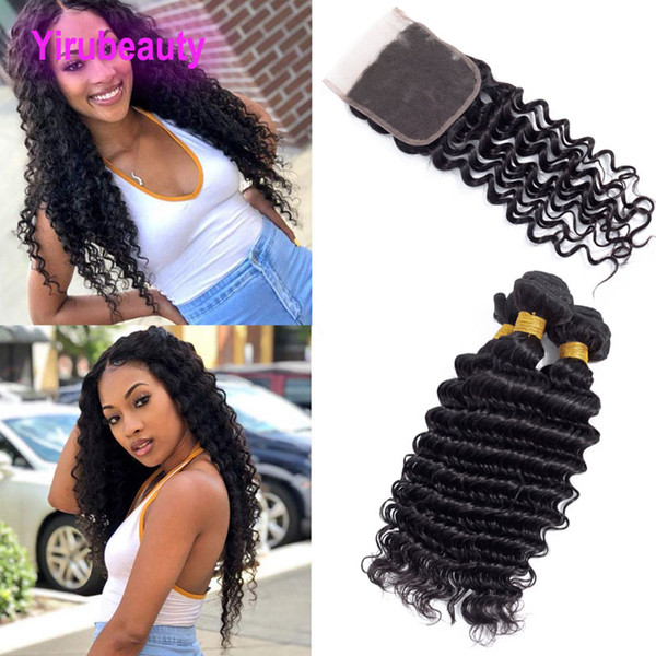 Indian Human Hair Deep Wave Three Bundles With Four By Four Lace Closure Deep Curly Mink Virgin Hair Extensions 3 Bundles With Lace Closure