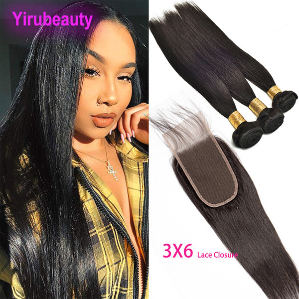 Brazilian Virgin Hair 3 Bundles With 3X6 Lace Closure Straight 100% Human Hair Extensions Silky Straight With 3 By 6 Closure 4 Pieces