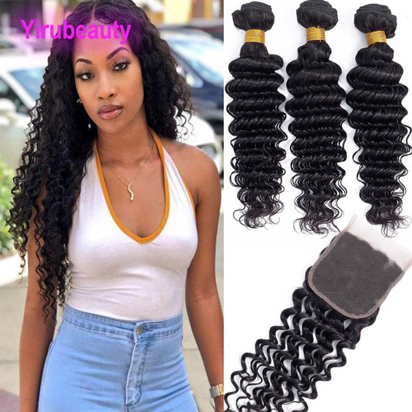 Brazilian Virgin Hair Deep Wave Curly 3 Bundles With 4X4 Lace Closure Middle Three Free Part Hair Extensions With Four By Four Closure