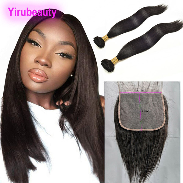 Peruvian Virgin Hair Straight Dyeable Human Hair 2 Bundles With 7x7 Lace Closure Natural Color Straight Seven By Seven Closures