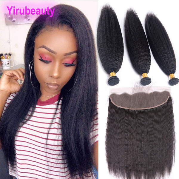 Indian Virgin Raw Hair Kinky Straight 3 Bundles With Lace Frontal 13 By 4 Lace Size Human Hair Extensions With 13X4 Lace Frontal