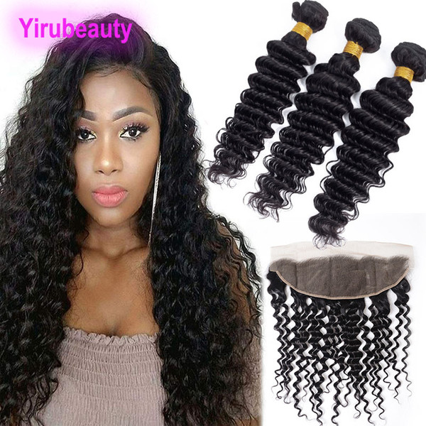 Peruvian Human Hair 3 Bundles With 13X4 Lace Frontal Deep Wave Natural Color 4 Pieces One Lot Deep Wave Bundles With Frontal