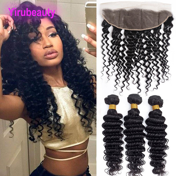 Indian Virgin Hair Natural Color Deep Wave Hair Extensions With 13X4 Lace Frontal Human Hair Bundles With Closure 4 Pieces/lot