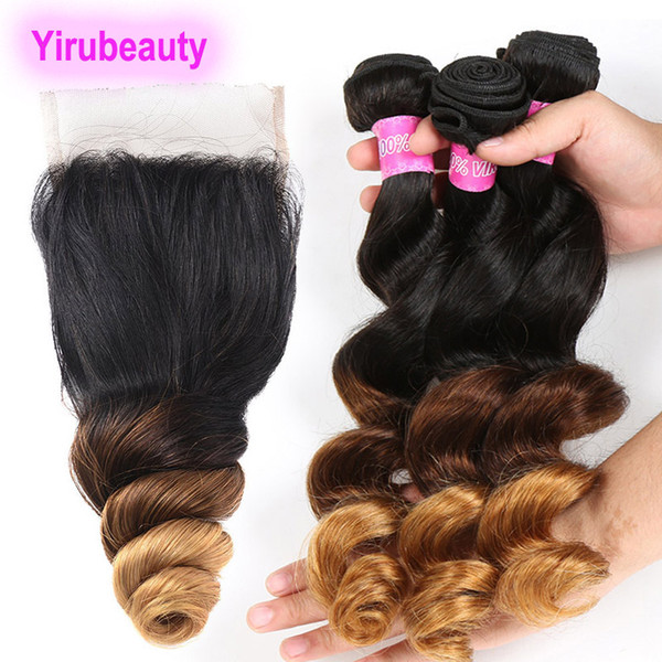 Malaysian Virgin Hair 1B 4 30 Loose Wave 3 Bundles With 4X4 Lace Closure Middle Three Free Part Loose Wave 1B/4/30 Ombre Hair Wefts