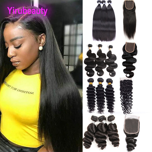 Peruvian Human Hair Loose Wave With 4X4 Lace Closure Body Wave Straight Kinky Curly Deep Wave Hair Wefts With Closure Middle Three Free Way