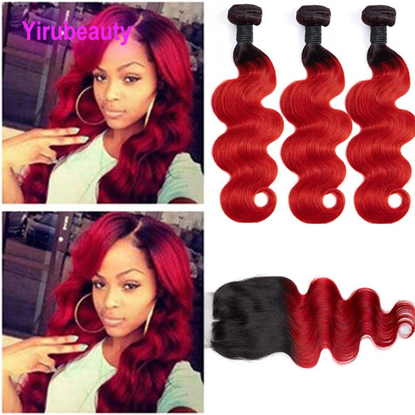 Malaysian 100% Human Hair Wefts With 4X4 Lace Closure Body Wave 1B/red Ombre Hair Extensions 3 Bundles With Closure 1B Red