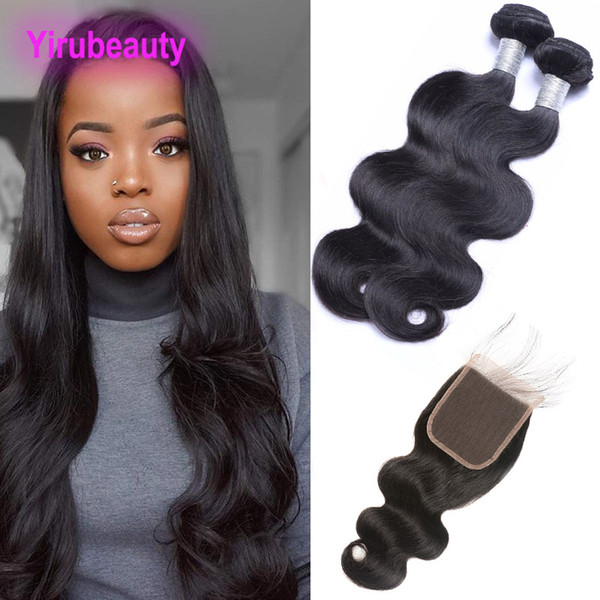 Indian Raw Human Hair 2 Bundles With 5X5 Lace Closure Baby Hair Middle Three Free Part Body Wave Hair Wefts With Closure Natural Color 8-30