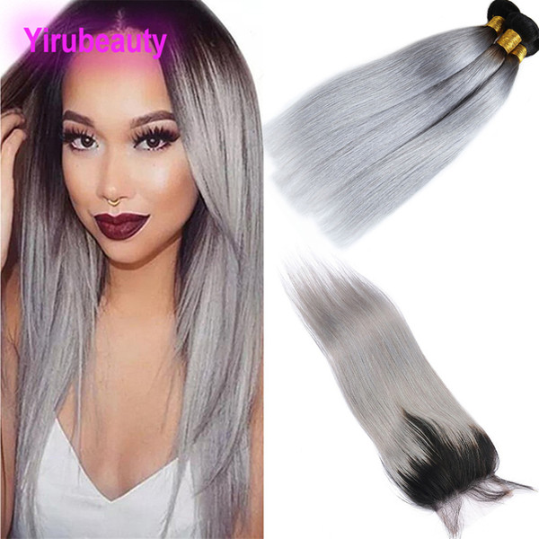 Indian Virgin Human Hair Extensions 4Pieces/lot Straight 1B/grey Bundles With 4X4 Lace Closure Middle Three Free Part Straight Hair Wefts