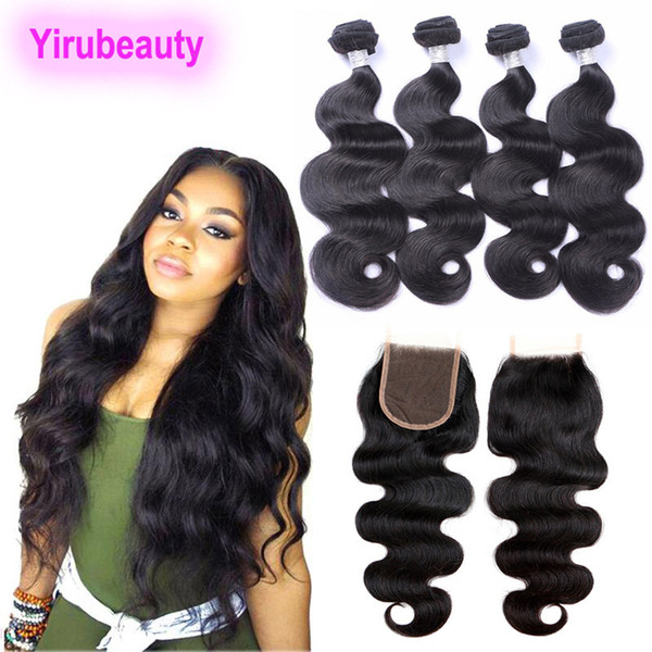 Indian Raw Virgin Human Hair Bundles With 4X4 Lace Closure 5Pcs/lot Body Wave Natural Black 8-28inch Bundles With Closure