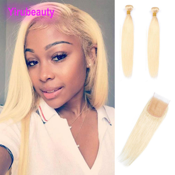 Peruvian Yirubeauty 2 Bundles With 4X4 Lace Closure Straight Human Hair 613# Blonde Bundles With Closure Middle Three Free Part 8-30inch