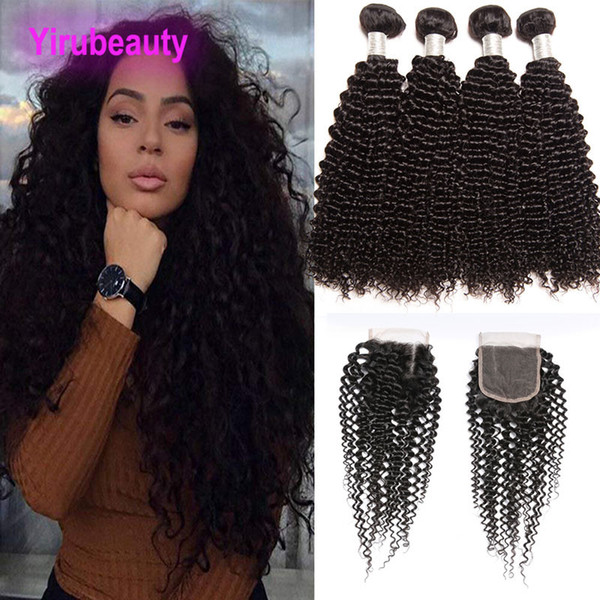 Malaysian Human Hair Extensions With Lace Closure 4X4 Natural Color Kinky Curly Yiruhair 8-28inch 4 Bundles With Lace Closure