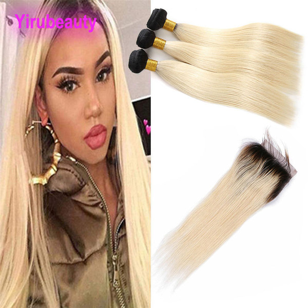 Peruvian Wholesale Straight Human Hair 1B/613 Bundles With 4X4 Lace Closure Straight Virgin Hair Extensions 1B/613 Yirubeauty